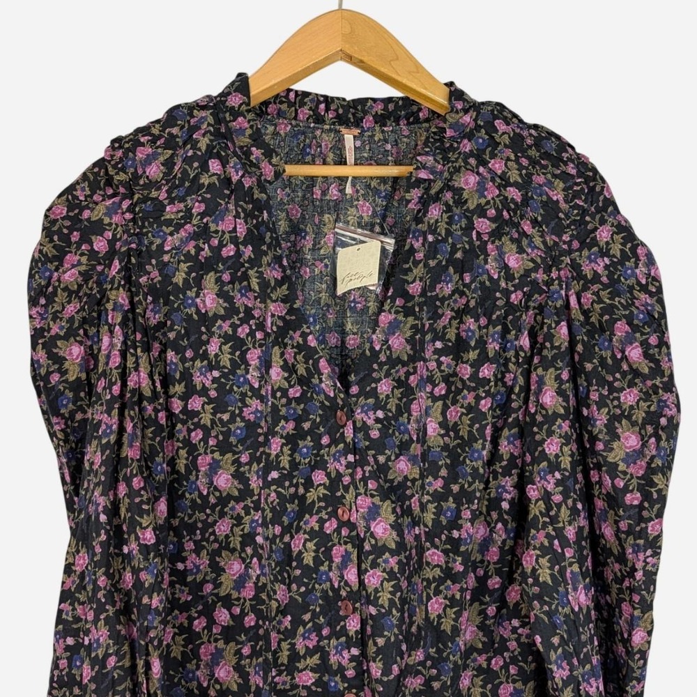Free People Meant To Be Floral Tie Neck Blouse Black Combo Large - Picture 4 of 9